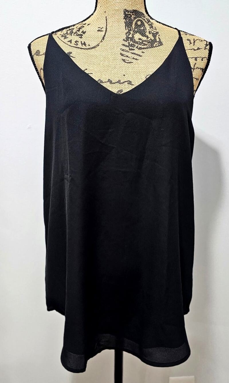 Evera B V-Neck Chiffon Cami Tank  Camisole Adjustable Straps Black Size M